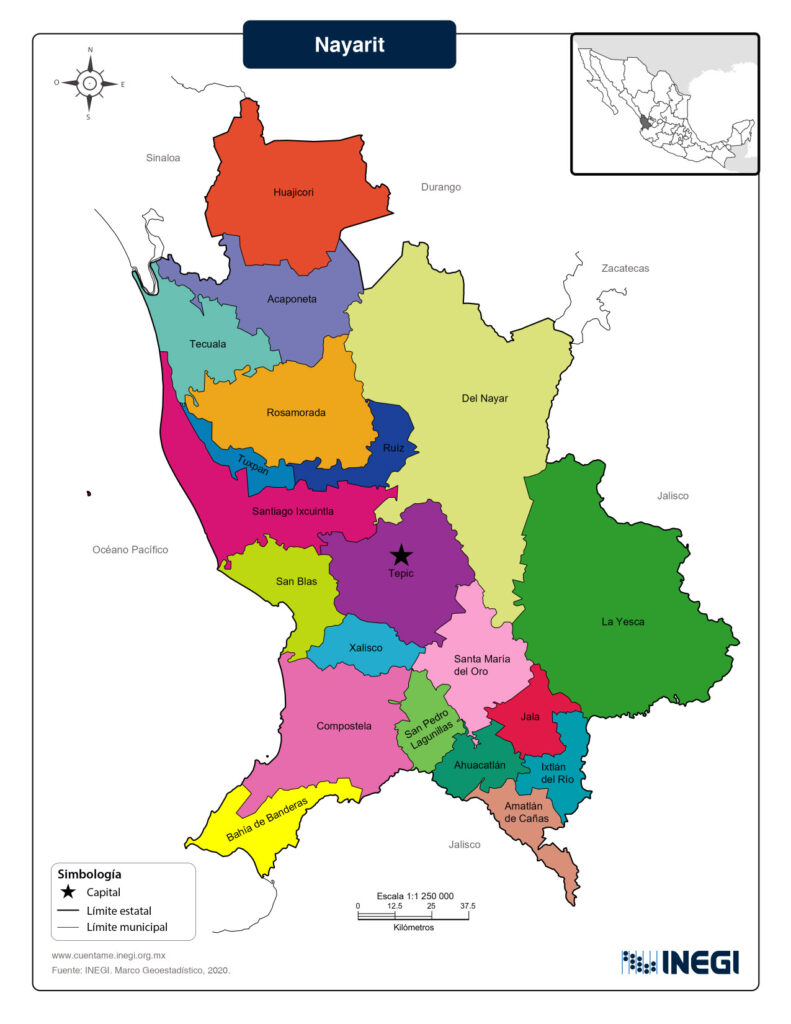 Mapa de Nayarit con municipios y nombres
